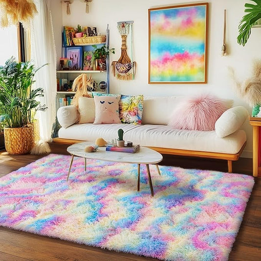 Rainbow Rug for Girls Bedroom, 5x7 Area Rug for Cute Girls Room, Bedside Indoor Floor Fluffy Shag Carpet, Plush Soft Rug for Living Room Nursery Dorm Home Decor
