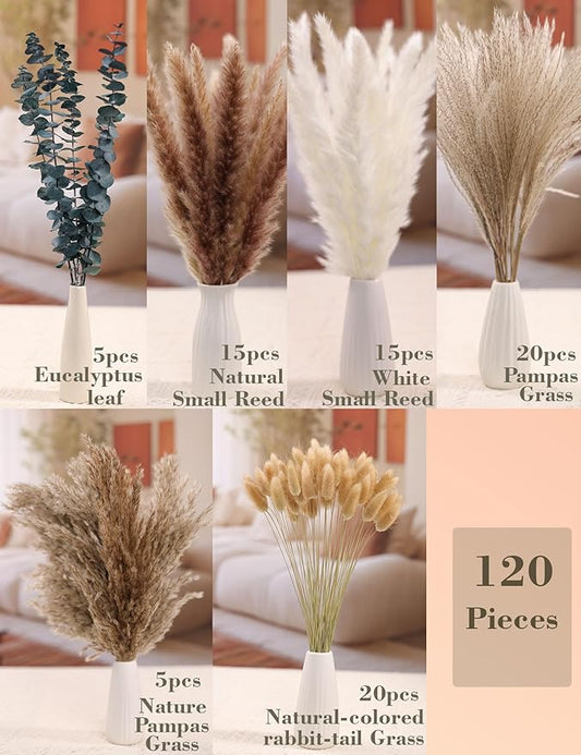 120 PCS Dried Pampas Grass, Dried Flowers, Reed Grass Bouquet for Bohemian Flowers Home Table Wedding Decoration, Rustic Farmhour.(Light Brown)