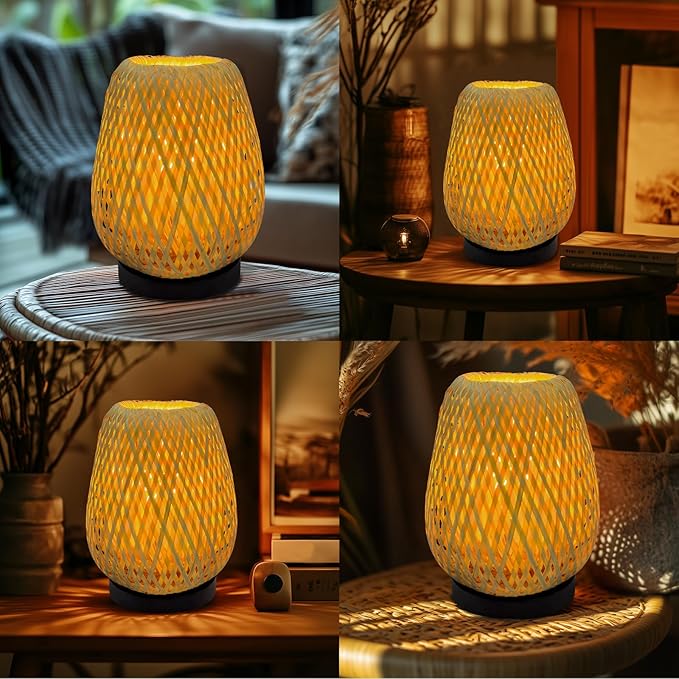Boho Woven Nightstand Table Lamp - Rattan 3 Color Temperature Handmade Rattan Bamboo Lamp for Bedroom, Living Room