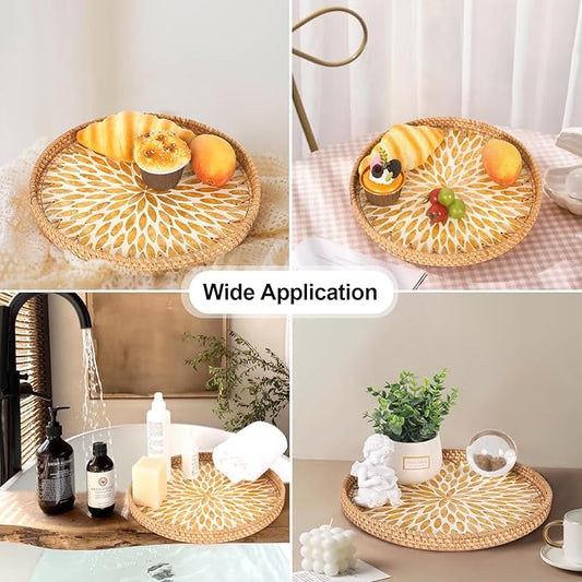 Round Rattan Tray with Mother of Pearl Inlay, Rattan Serving Tray for Coffee, Bread, Fruits, Decorative Wicker Tray for Table Decor, Home Decor, Kitchen Island Decor (Amber Leaf, 11.8")