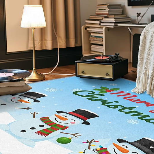 Christmas Rug 4x6-6x8 Rug, Cute Snowman Living Room Rugs, Merry Christmas Bedroom Rugs, Winter Snowflake Carpet, Cartoon Xmas Kids Girls Boys Home Decor & Gifts