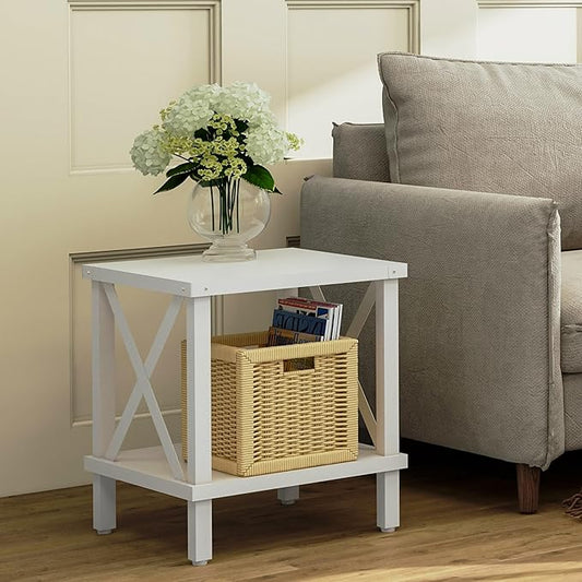 Large End Table Farmhouse Side Table Industrial Style Sofa Table Metal X Accent Wood Coffee Table NightStand with Storage Shelf for Living Room Bedroom White MLBZ16W