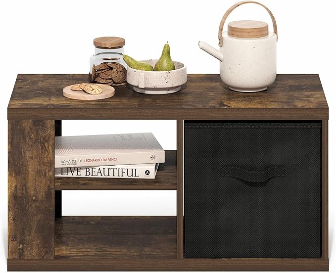 Furinno Viola Coffee Table, 3-Tier Modern Coffee Table with 1.2" Thick Tabletop, Side Table with Open Shelf and Storage Bin, for Living Room, Bedroom, Home Office, Amber Pine