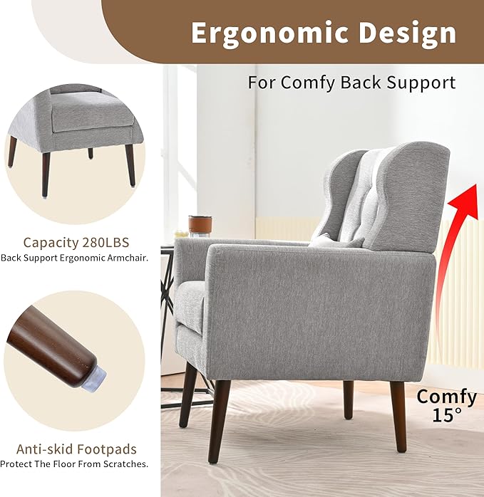 Modern Accent Chair, Upholstered Arm Chair with Waist Pillow, Single Sofa Chair for Living Room Bedroom Small Spaces (Light Gray)