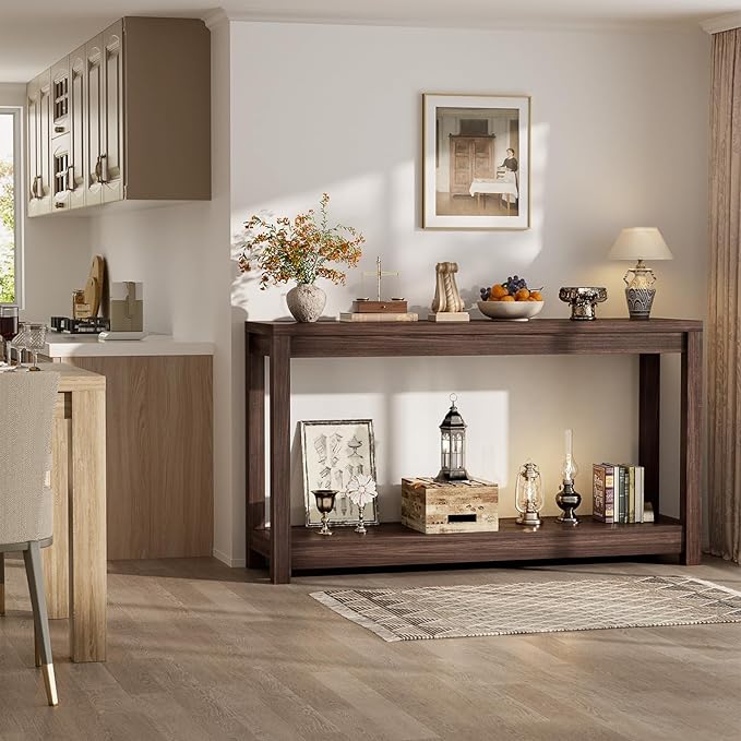 47" Farmhouse Wood Entryway Table Narrow Console Table with Storage Behind Couch Sofa Table with Shelves Entry Way Tables with Open Storage, Easy Assembly, Black Walnut