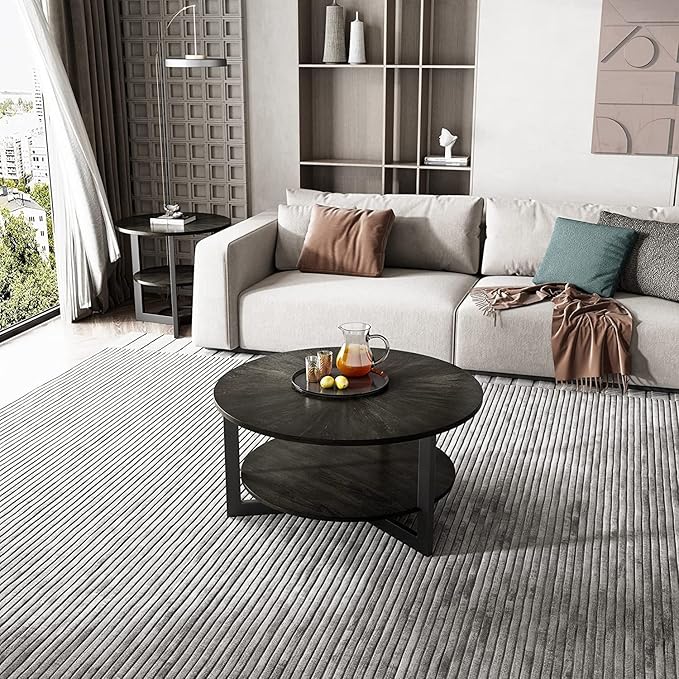 Round Coffee Table with Storage Shelf, 33.5in Circle Accent Center Table with Black Metal Legs, 2-Tier Industrial Cocktail Table for Living Room, Black-1338BK