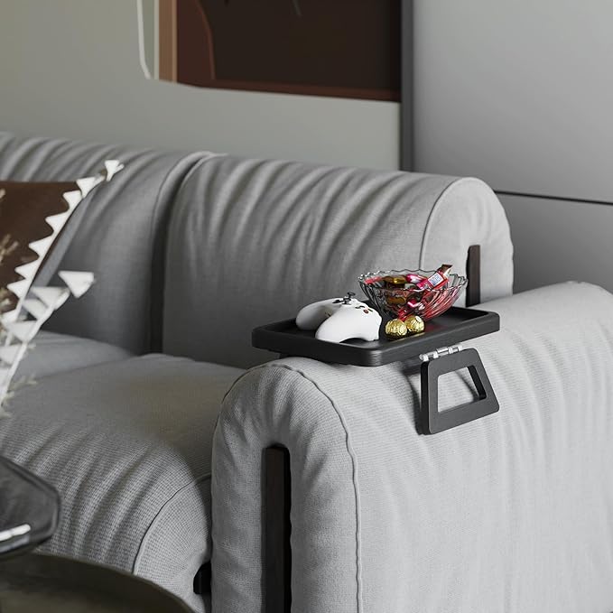 Tinamo Acacia Sofa Arm Tray, Rectangle Couch Armrest Table - Couch Accessories, Armchair Caddy, Clip on Tray for Home Sofa Living Room, Sofa Arm Table (Black, 13.75" D x 9.5" W x 1" H)