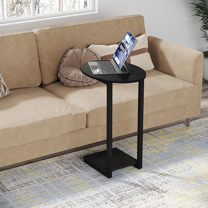 Hosfais Small Side Table End Table, C-Shaped Wood Coffee Table TV Tray for Eating, Couch Tables for Small Spaces, Living Room, Bedroom (Black 2 Pack)