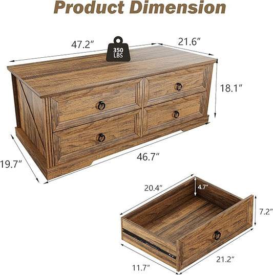 Rustic Coffee Table with Drawers 47 inch Living Room Tables with Storage, Wooden Center Table for Reading Playing Room Home Accent Table for Dining Room Apartment, Walnut