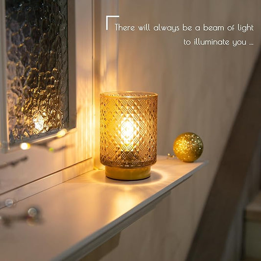 Battery Operated Lamp with Timer, Small Vintage Table Lamp, Glass Cordless Lamps Bedside Battery Lamp for Living Room, Entryway, Shelf Decor Diamond Design-Amber