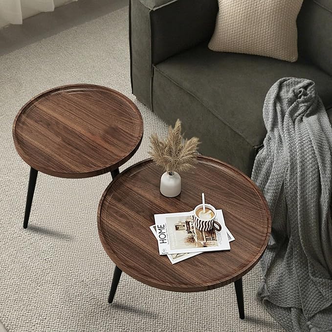 Jessie 2 Pcs Small Round Coffee Tables,Mid Century Modern Nesting Tables,Easy Assembly Circle Walnut Coffee Tables with Non-Slip Feet,Wood Grain Top Nesting Coffee Table for Living Room Balcony Yard