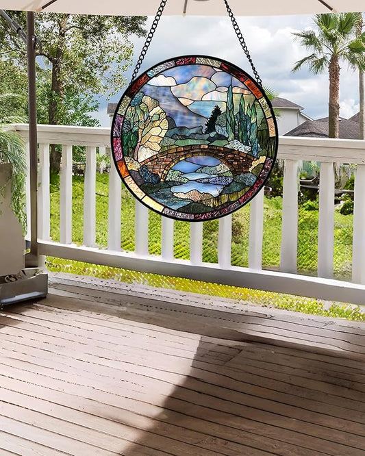 Stained Glass Window Hanging, Blue Landscape Arch Bridge Sun Catcher for Door Home Decor Suncatcher Christmas Mother's Day Birthday Gifts for Women Men Mom and Nana 7.8 in