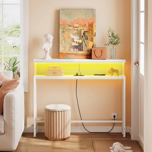 FAVOOSTY 46.8" Skinny Console Table with Charging Station and LED Light,5.9" Narrow Sofa Table with Power Outlets and Type C & USB Port, Behind Couch Table for Living Room, Hallway, EntryWay, White