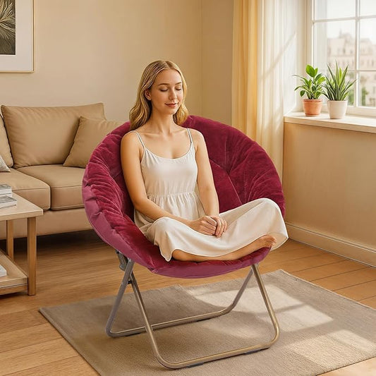 Athena Collection Comfy Saucer Chair Folding Cozy Chair for Bed Room Living Room Accent Chair Faux Fur Reading Chair Foldable Metal Frame Lazy Chair Moon Chair for Adult Set of 2, Red