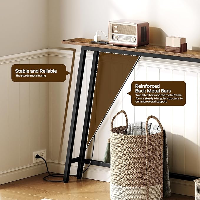 78.7" Couch Table Behind Sofa, Narrow Console Table with Outlet, Skinny Sofa Tables Narrow Long, Long Entryway Tables for Hallway, Entryway, Living Room, Rustic Brown and Black CT205UBR