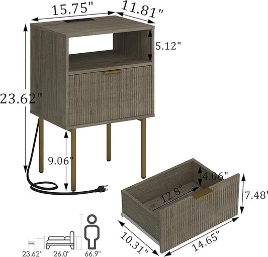 Modern Nightstand with Charging Station and LED Lights, White Bedside Table with Drawer, Fluted Side Table for Living Room, Bedroom