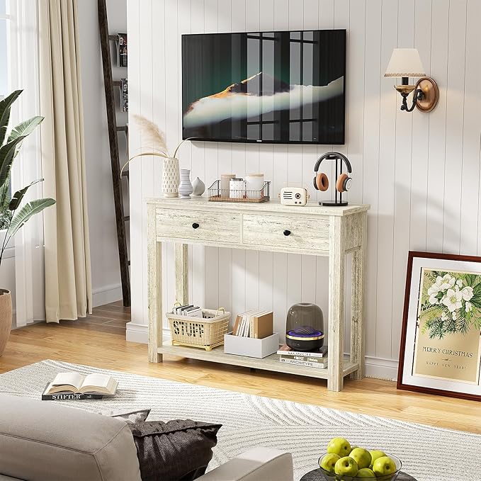 Homieasy Farmhouse Console Table with 2 Drawers, 32 Inch Small Sofa Table with Storage Shelf for Living Room, Behind Couch, Entryway Table for Hallway, Living Room, or Foyer, Light Rustic Oak