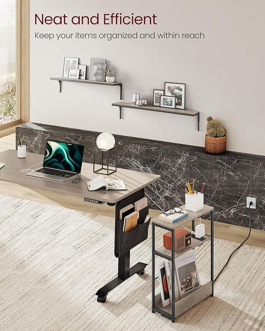 VASAGLE Side Tables with Charging Station, Set of 2 Narrow End Tables, 3-Tier Nightstands, Sofa Tables for Small Spaces, for Living Room, Bedroom, Study, Heather Greige and Ink Black ULCT664K04