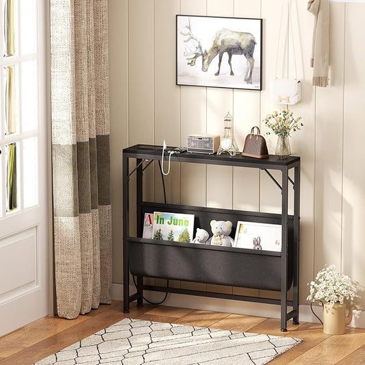 31.5'' Small Console Table with Charging Station and Storage, Entryway Table Narrow with Power Outlets and USB Ports, Skinny Sofa Table, for Living Room, Foyer, Entryway, Hallway, Black