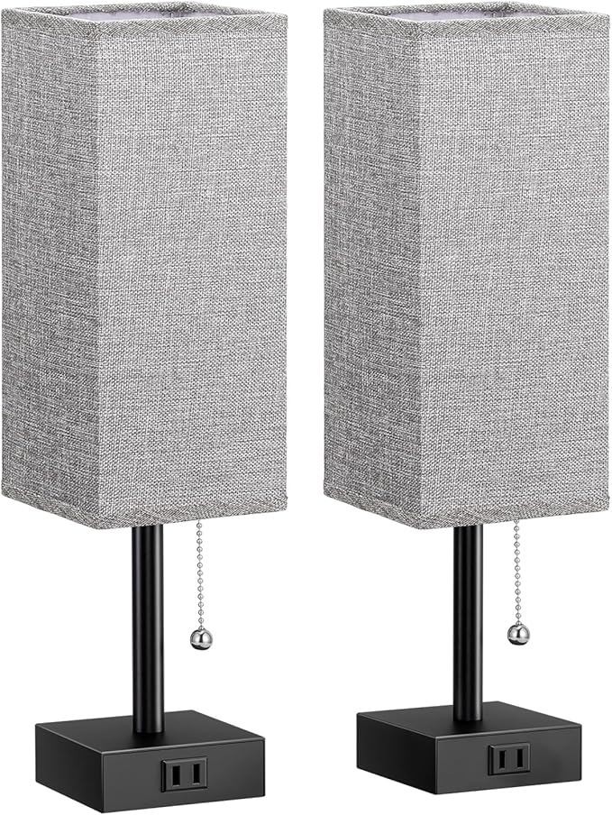 Grey Bedside Lamps for Bedroom Set of 2 - Small Nightstand Lamp with AC Outlet Charging Port, 3 Color Temperatures Rectangular Desk Light with Bulb, Tabletop Reading Lamp for Living Room/Dorm/Office