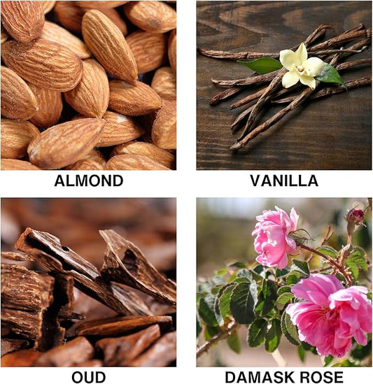 Golden Oud Reed Diffuser – Room Scent Diffuser with Almond, Vanilla, Oud & Damask Rose – Long Lasting Home Fragrance Diffuser – Aromatherapy for Every Room – 150ml