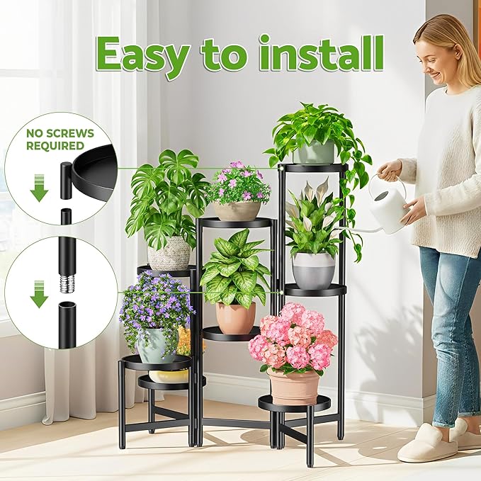 8 Tiered Plant Stand Indoor for Multiple Large Planter, Tall Heavy Duty Adjustable Folding Rack with Rustproof 10 Inch Wide Tray, Plant Shelf for Corner Living Room - BlackDisk