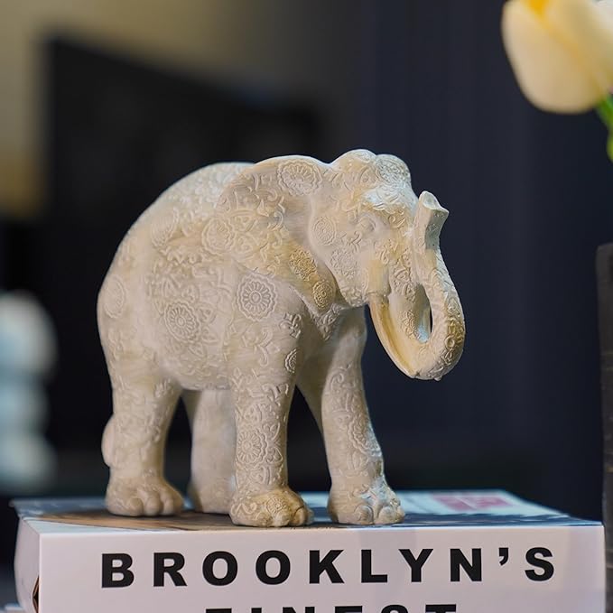 Guichifun Elephant Statues Decor Collectible Figurines - Cream Resin Boho Elephant Decoration Handmade Brings Good Luck Health for Living Room Shelf Office Gifts for Women 7.25 x 3.25 x 5.75 Inch