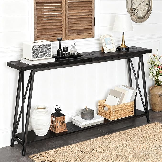 63" Solid Wood Entryway Table Narrow with Shelves, 2-Tier Storage Long Couch Table Behind Sofa Console Tables for Living Room, Entrance, Hallway, Foyer(Black,39.3"x9.8"x31.5")