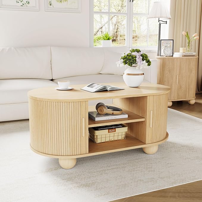Rectangle Coffee Table, Fluted Coffee Tables for Living Room, Mid-Century Coffee Table Center Table with Storage & Sliding Doors for Apartment, Home Office (Natural)