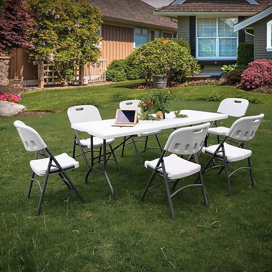 MoNiBloom 6Ft Folding Table, Heavy Duty Portable Plastic Dining Tables Fold in Half Indoor Outdoor Desk w/Handle, Lock for Camping Picnic Party, White