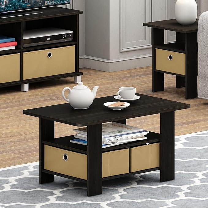 Furinno Coffee Table with Bins, Espresso/Brown