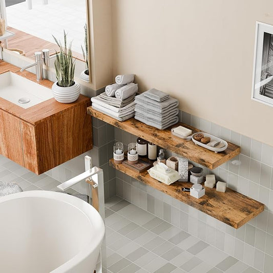 12 Inch Deep Floating Shelves, 48 Inch Fireplace Mantel Set of 2, Rustic Brown Hanging Shelf with Invisible Brackets, Display Shelves Wall Mounted for Bedroom, Kitchen, Office, Living Room