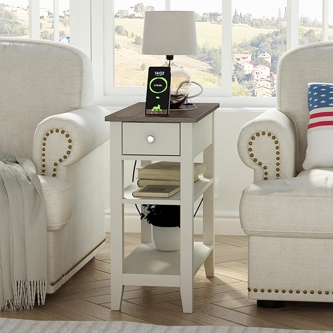 ChooChoo Farmhouse end Table Living Room Set of 2, Sofa Side Table Living Room with Charging Station,Narrow Night Stand with USB Ports & Power Outlets and Hidden Drawer