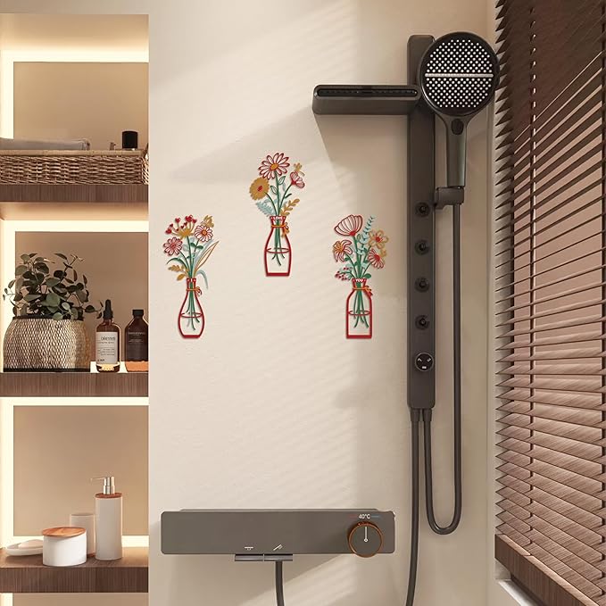 3 Pieces Metal Flowers Wall Art Decor, House Minimalist Bathroom Wall Decors Sculptures for Living Room Dining Room Bedroom Housewarming Gifts