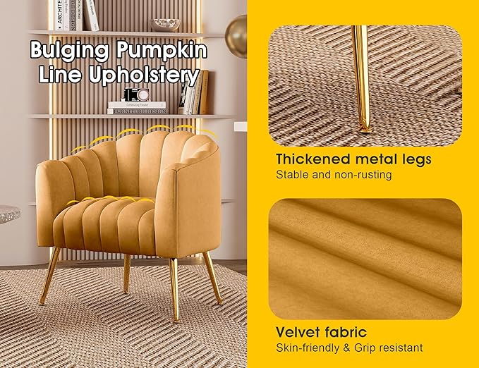 Oversized Pumpkin Couch Accent Chair, Modern Comfy Velvet Upholstered Barrel Chairs, Luxury Single Sofa Armchair for Living Room, Waiting Room, Office and Vanity, (Mustard)
