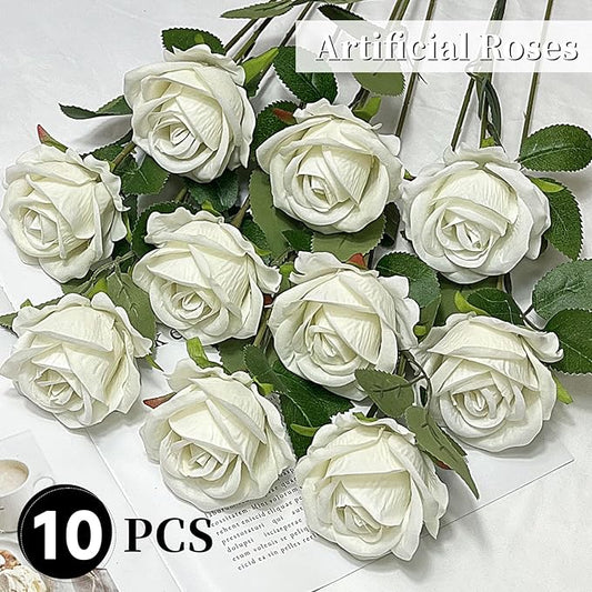 10 PCS Artificial Roses with Long Stems Silk Flowers Realistic Foam Flowers Fake Roses for Valentine's Day Home Wedding Halloween Decor(White)