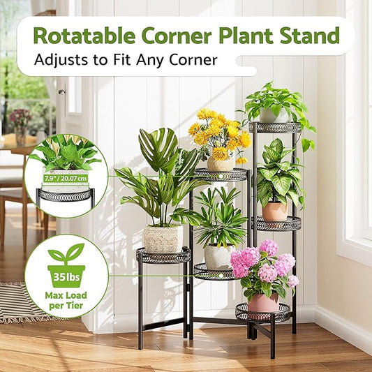 6 Tier Large Plant Stand Indoor with 7.9-Inch Wide Drainage Tray, Tiered Corner Metal Outdoor Flower Display Holder Shelf, Folding Tall Rack for House Patio Porch Balcony Graden - BlackFlower