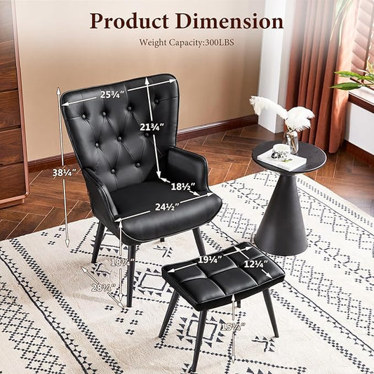 Furniliving PU Leather Accent Chair with Ottoman, Upholstered Reading Chair with High Backrest, Tufted-Button Wingback Armchair for Bedroom, Dressing Room, Home Office, Black