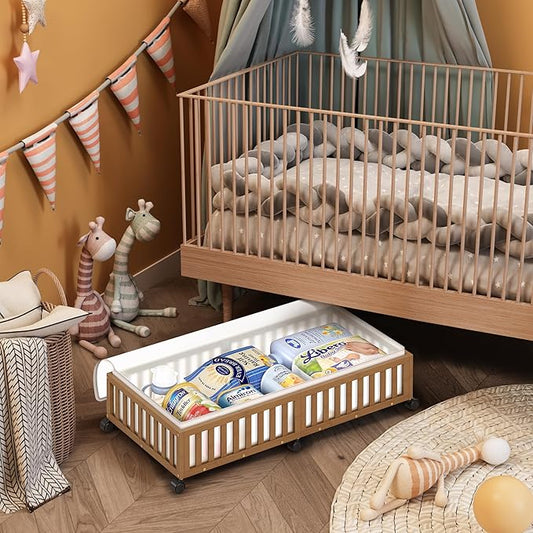 Bamboo Under Bed Storage Containers with Wheels, 2 Pack Large Under the Bed Shoe Storage Bins, Wood Rolling Underbed Drawers Organizer for Bedroom Closet Clothes Blanket Under Crib Toy Walunt