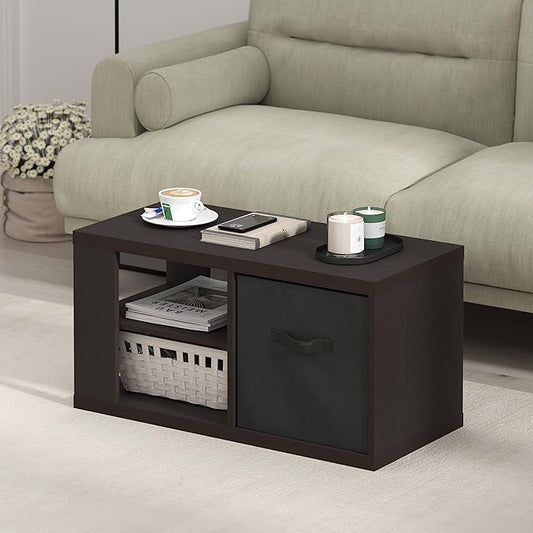 Furinno Viola Coffee Table, 3-Tier Modern Coffee Table with 1.2" Thick Tabletop, Side Table with Open Shelf and Storage Bin, for Living Room, Bedroom, Home Office, Dark Oak