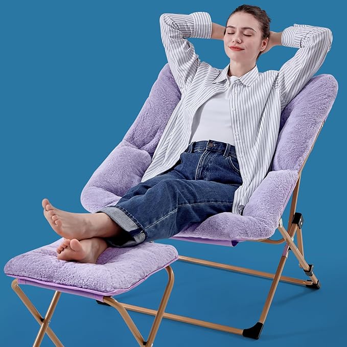 OAKHAM Comfy Chair for Adults, Soft Faux Fur Folding Lounge for Bedroom Living Room Dorm Rooms Flexible Reading Chair for Teens Kids, X-Large Foldable (Ottoman-Lavender)
