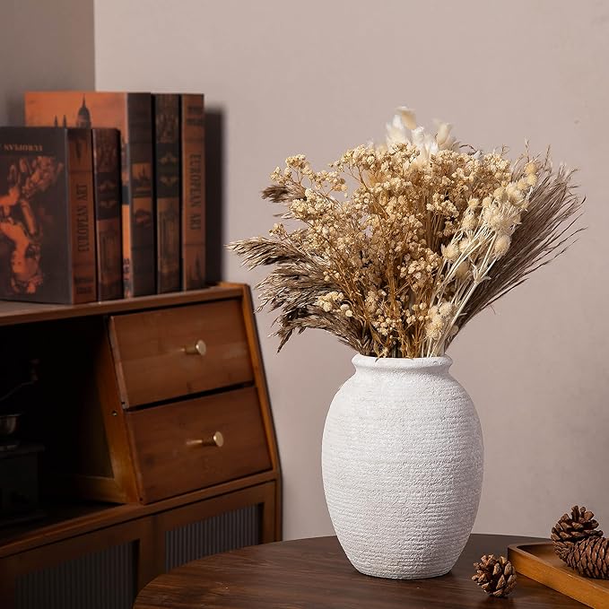 8 Inch White Ceramic Vase - Rustic Vintage Decorative Vase for Home - Farmhouse Pottery Vase for Flowers - Modern Vintage Dining Table Centerpiece, Lyeec Vases Set