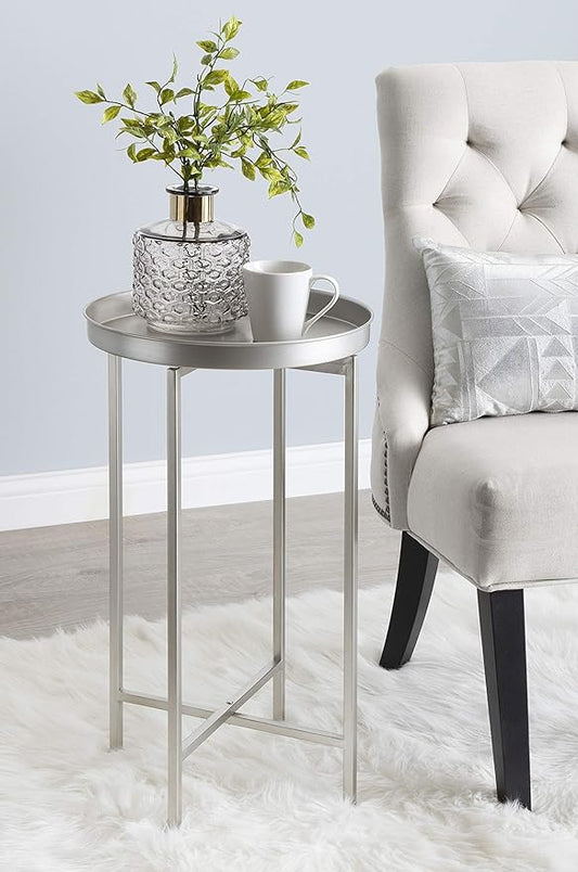 Kate and Laurel Celia Round Metal Foldable Accent Table with Tray Top, 14" x 14" x 25.75", Silver