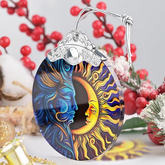 Sun Moon Christmas Ornament - Stained Glass Hanging Decoration for Holiday Tree, Home Decor, Gift Exchange Idea - Sun and Moon Last Forever