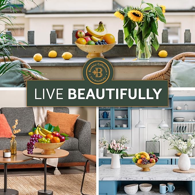 Bambüsi Wooden Fruit Bowl - Large Decorative Pedestal Bowl for Kitchen Counter, Dining Table, and Home Decor - Modern Serving Bowl for Fruits, Salads, Keys, Centerpiece, Entryway