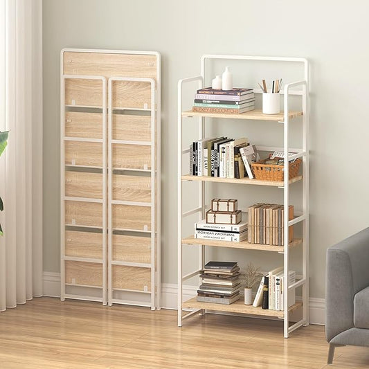 4NM No Assembly Folding Bookshelf, 4-Shelf 54" H Collapsible Foldable Bookcase Storage for Small Spaces, Natural White