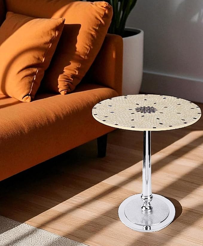CLEENTABLE Mosaic Round End Table - Modern Coffee Accent Table with Artistic Top, Electroplated Silver Legs - Lightweight, Durable, Easy Assembly 15 x 21 Inches (Ivory Silver)