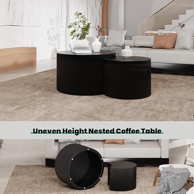 Round Nesting Coffee Table Set of 2 Handcraft Circle Fluted Nesting Coffee Tables Circular Side Table Drum Accent End Tables for Living Room Bedroom (Black Large)