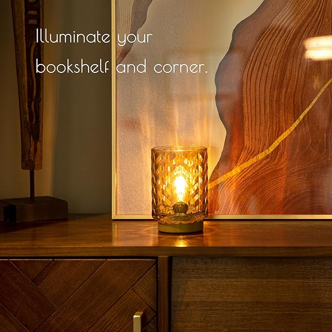 Aesthetic Battery Operated Lamp with Timer, Small Decorative Table Lamp, Glass Cordless Lamps Bedside Battery Powered Lamp for Living Room, Entryway Wave Design-Amber