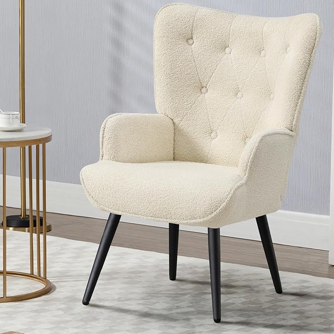 Furniliving Boucle Accent Chair for Living Room, Upholstered Reading Chair with High Backrest, Tufted-Button Wingback Armchair for Bedroom, Dressing Room, Home Office, Ivory White, Set of 2
